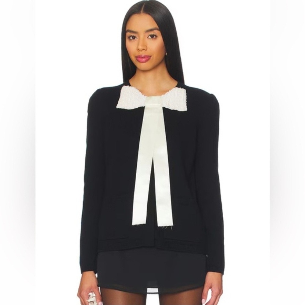 Sea New York Black 100% Wool Pearl Embellished Bow Cardigan Sweater Small